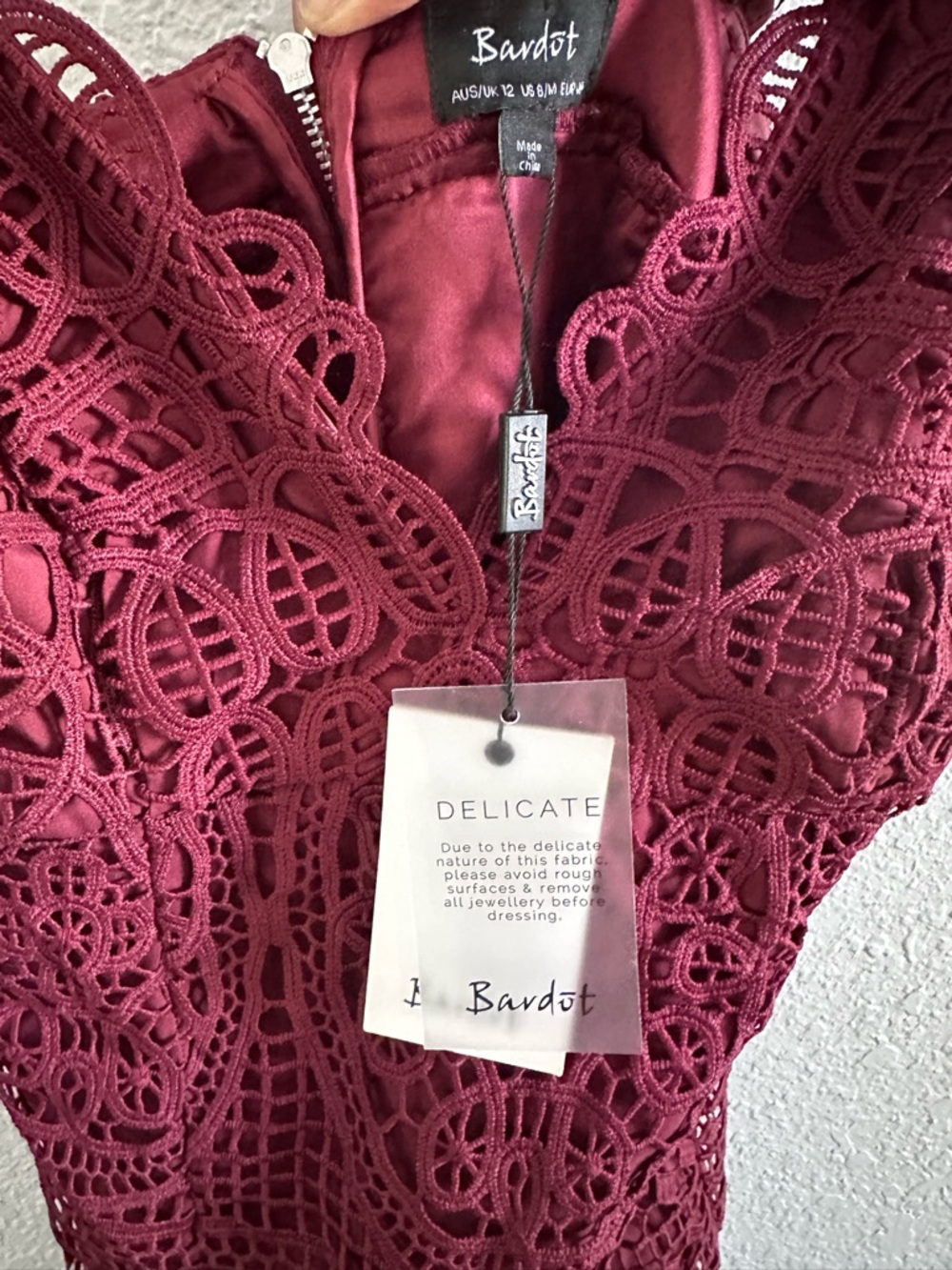 Bardot Versailles Burgundy Crochet Lace Cocktail Dress NWT Size 8 - Picture 13 of 13